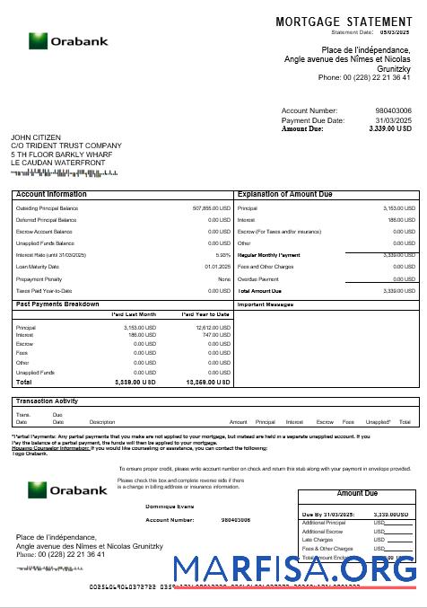Realistic Togo Orabank mortgage statement in Word and PDF formats real example